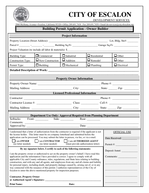 First page of the Building Permit Application - Owner Builder
