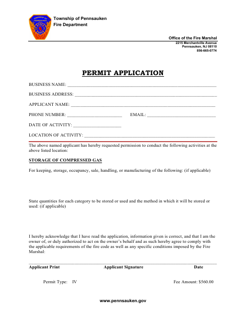First page of the Compressed Gas Permit Application