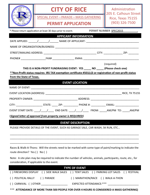 First page of the Special Event Permit Application