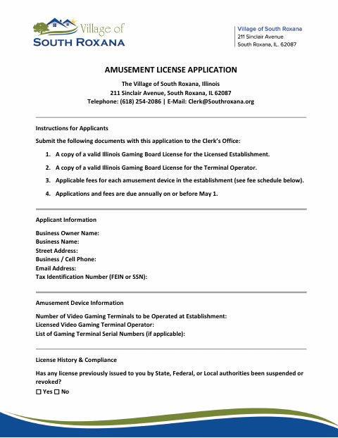First page of the Amusement License Application