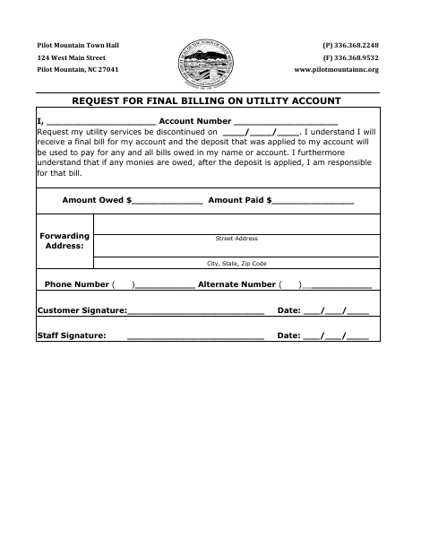 First page of the Request for Final Billing on Utility Account