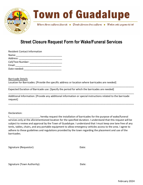 First page of the Street Closure Request Form for Wake/Funeral Services