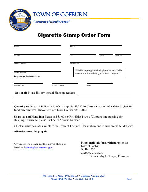 First page of the Cigarette Stamp Order Form