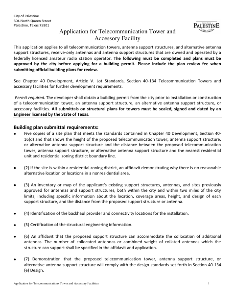 First page of the Application for Telecommunications Tower and Accessory Facilities