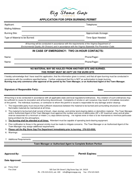 First page of the Application for Open Burning Permit