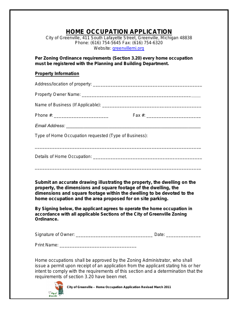 First page of the Home Occupation Application
