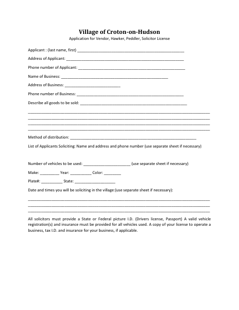 First page of the Vendor, Hawker, Peddler, Solicitor License Application