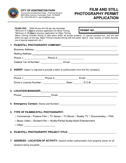First page of the Film and Still Photography Permit Application