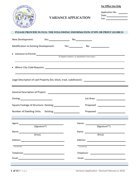 First page of the Variance Application