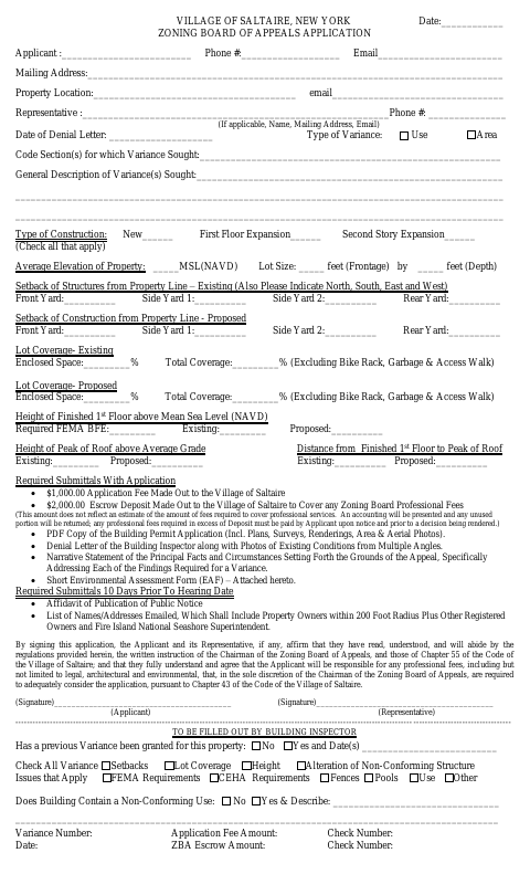 First page of the Zoning Board of Appeals Application