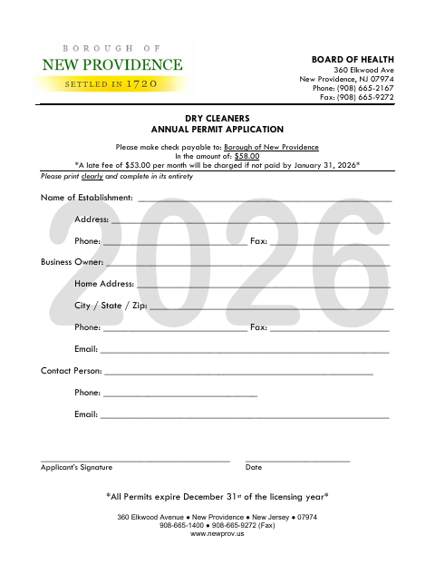 First page of the Dry Cleaners Annual Permit Application