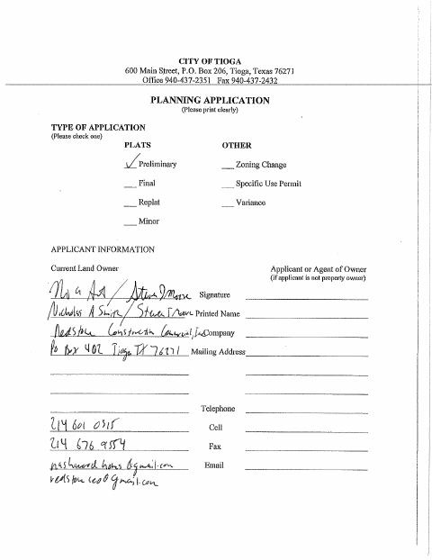First page of the Preliminary Plat Application – Whispering Hills