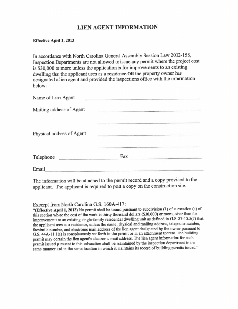 First page of the Lien Agent Information Form