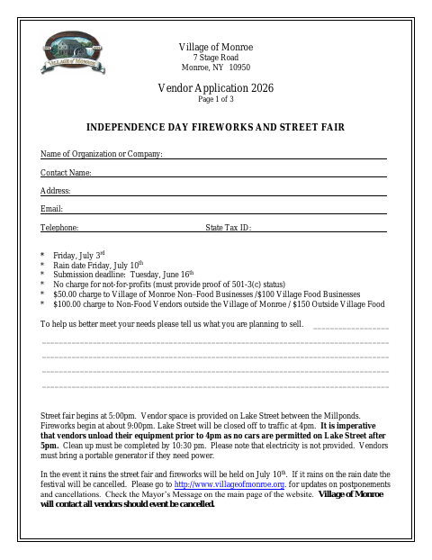 First page of the Independence Day Fireworks and Street Fair Vendor Application