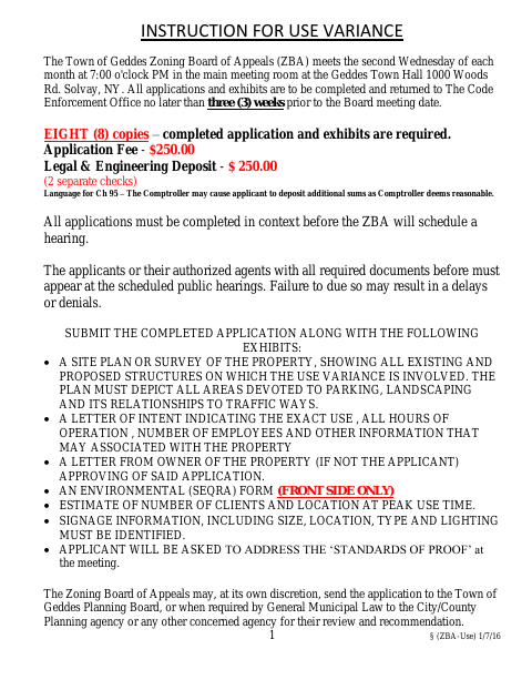 First page of the Use Variance Application