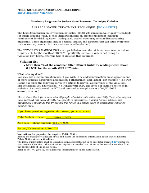 First page of the Public Notice and Certificate of Delivery for Surface Water Treatment Technique Violation