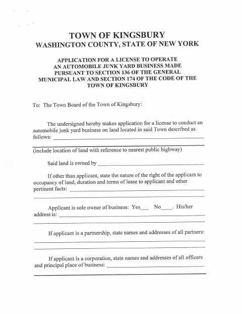 First page of the Application for a License to Operate an Automobile Junk Yard Business