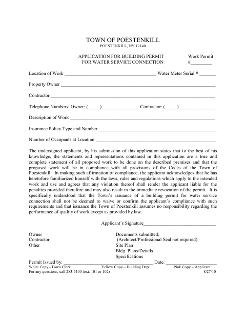 First page of the Application for Building Permit Work Permit for Water Service Connection