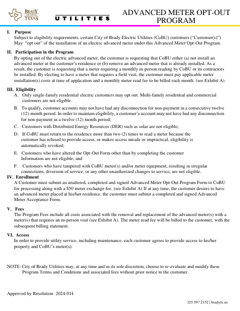 First page of the Advanced Meter Opt-Out Program Terms and Conditions