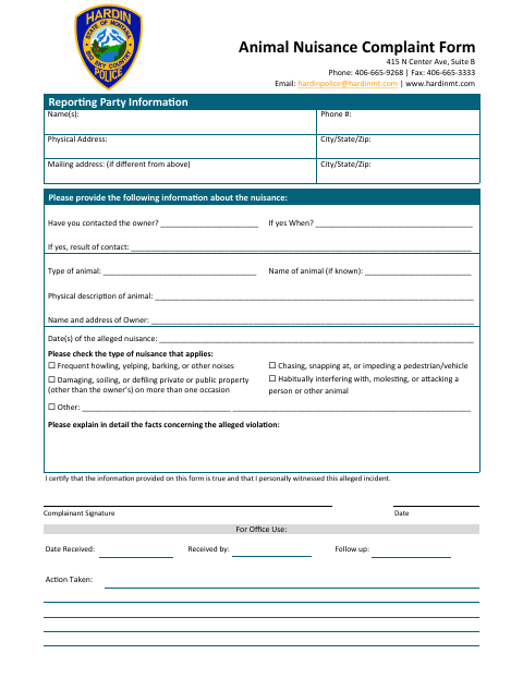 First page of the Animal Nuisance Complaint Form