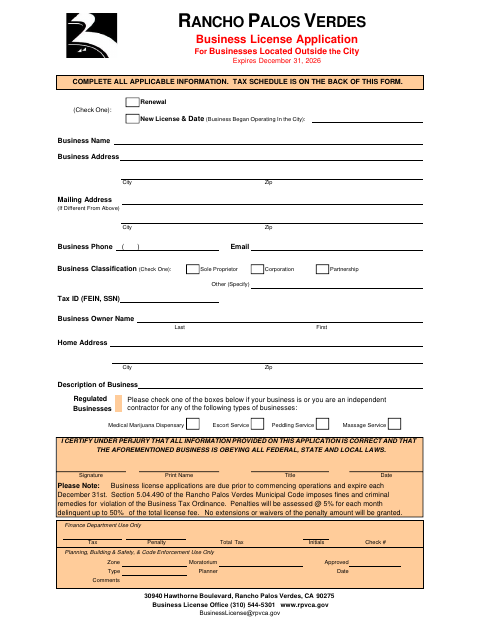 First page of the Business License Application for Businesses Located Outside the City