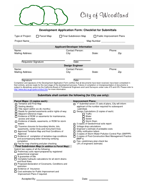 First page of the Development Application Form and Submittal Checklist