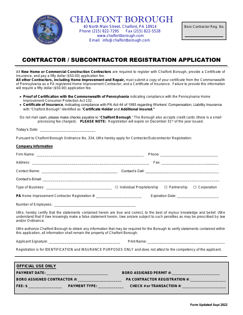 First page of the Contractor / Subcontractor Registration Application