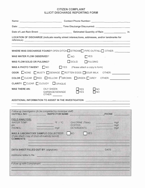 First page of the Citizen Complaint Illicit Discharge Reporting Form