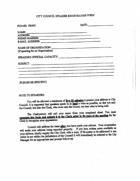 First page of the City Council Speaker Registration Form