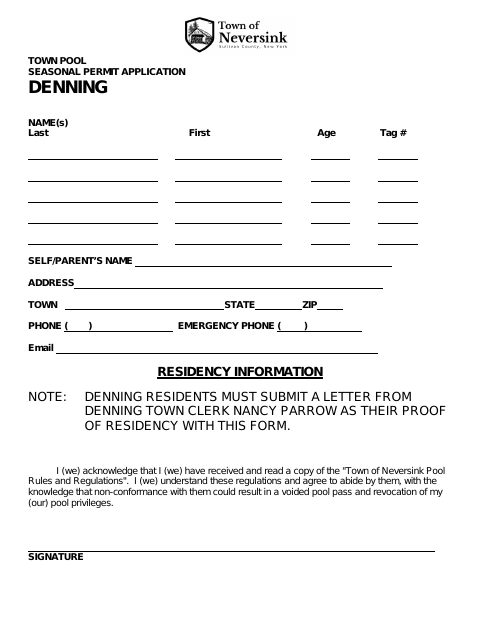 First page of the Town Pool Seasonal Permit Application