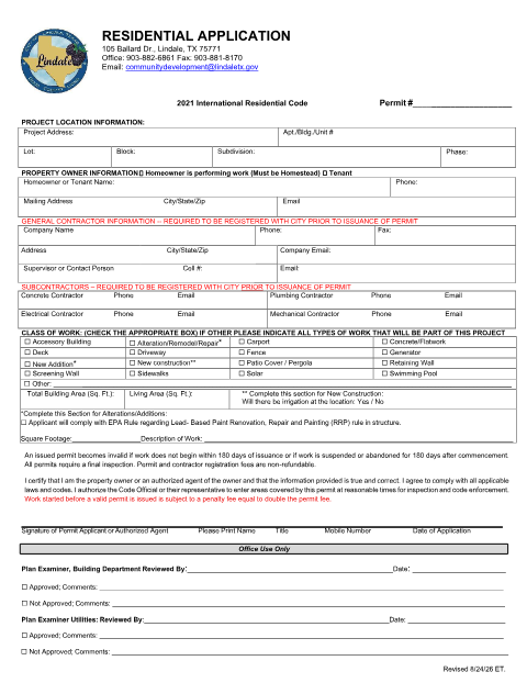 First page of the Building Residential Application