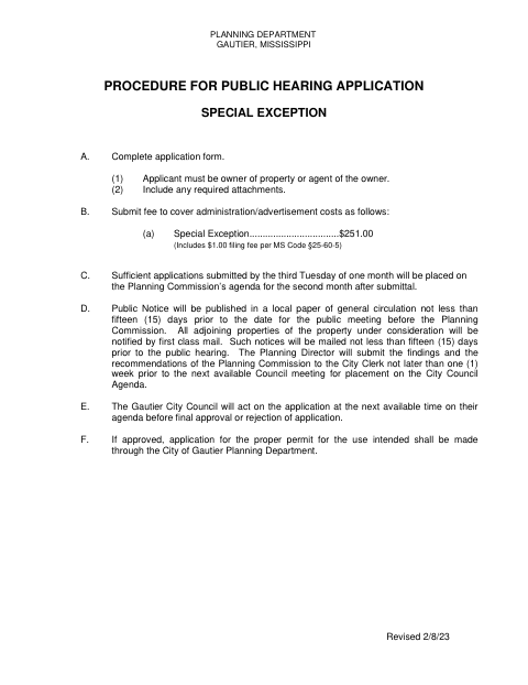 First page of the Special Exception Application