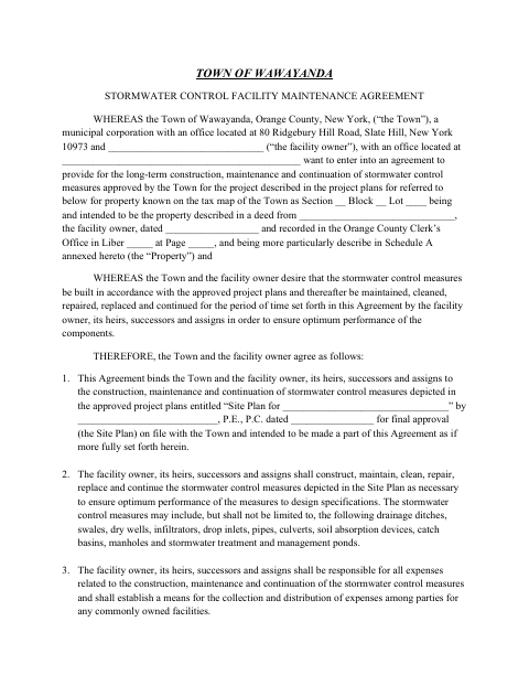 First page of the Stormwater Control Facility Maintenance Agreement