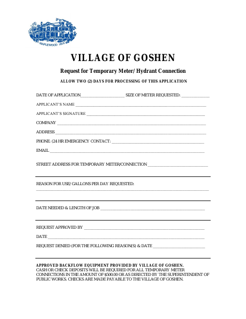 First page of the Request for Temporary Meter/Hydrant Connection