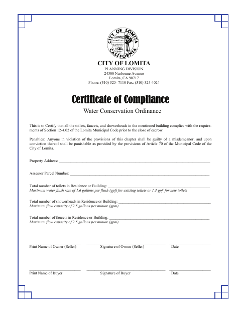 First page of the Water Conservation Certificate of Compliance