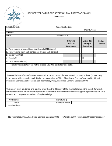 First page of the Brewery/Brewpub Excise Tax on Malt Beverages – On Premise