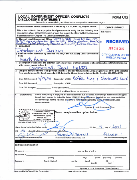First page of the Local Government Officer Conflicts Disclosure Statement