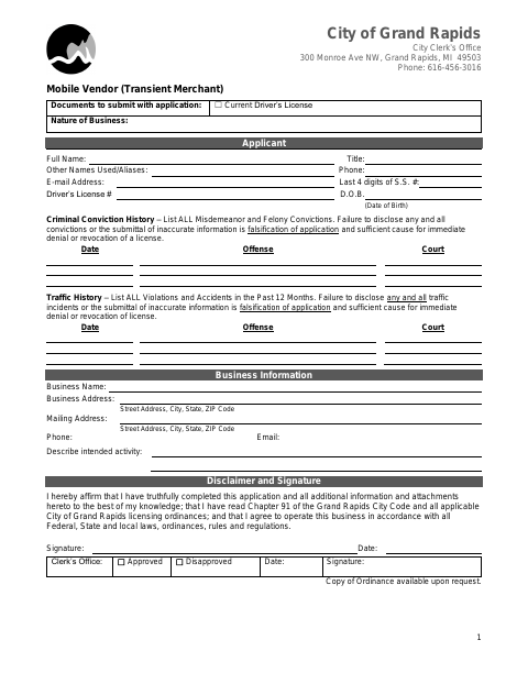 First page of the Mobile Vendor (Transient Merchant) License Application