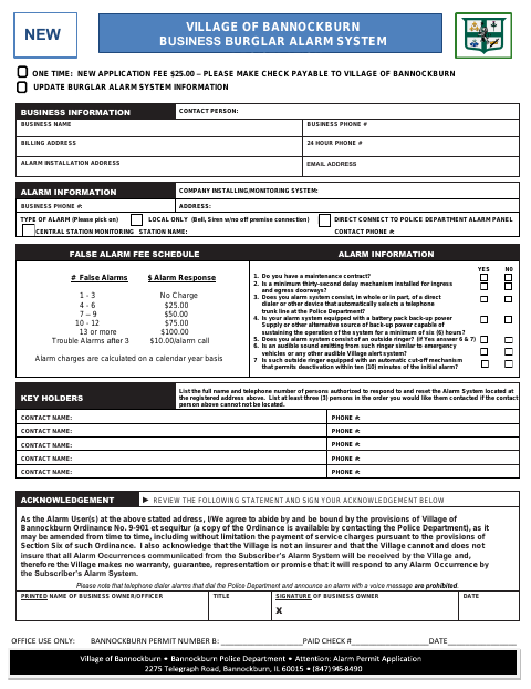 First page of the Business Burglar Alarm System Registration