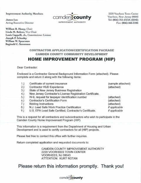 First page of the Home Improvement Program Contractor Application Package