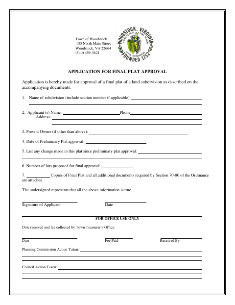 First page of the Application for Final Plat Approval
