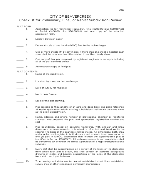 First page of the Preliminary, Final, or Replat Subdivision Application