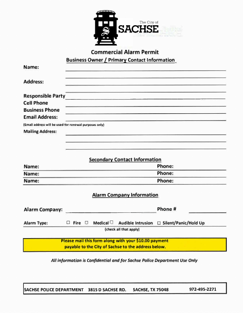 First page of the Commercial Alarm Permit Application
