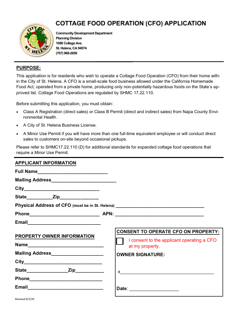 First page of the Cottage Food Operation Application