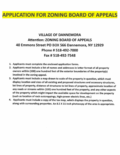 First page of the Zoning Board of Appeals Application