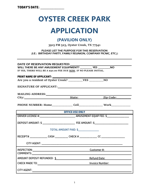 First page of the Park Application (Pavilion Only)