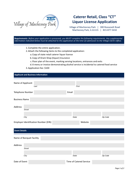 First page of the Caterer Retail, Class “CT” Liquor License Application