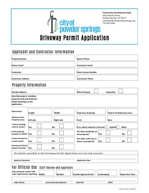 First page of the Driveway Permit Application