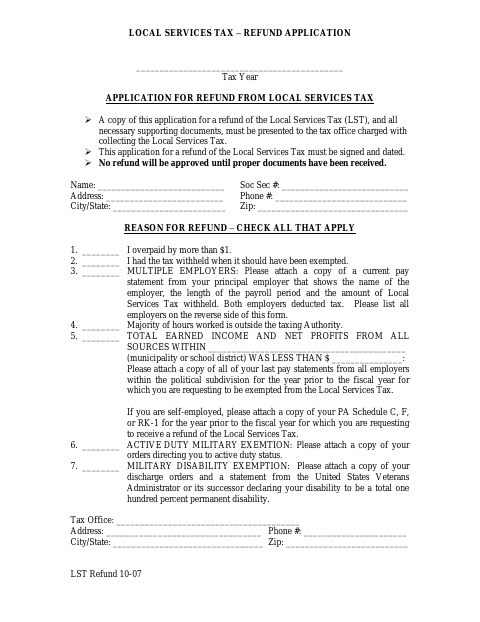 First page of the Local Services Tax Refund Application
