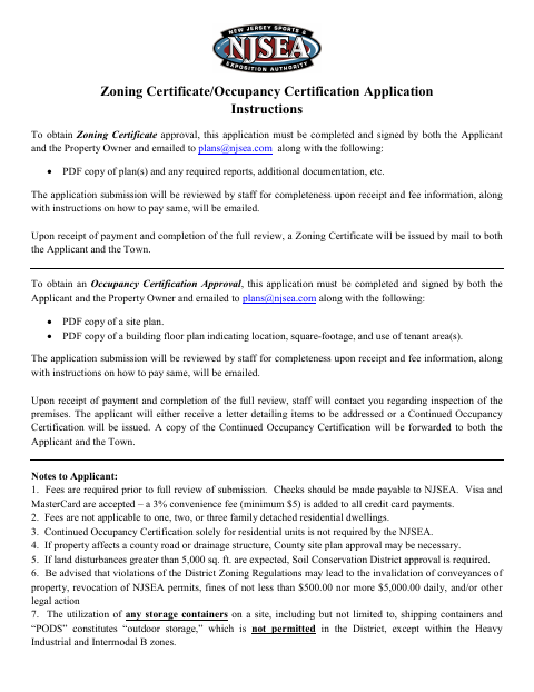 First page of the Zoning Certificate/Occupancy Certification Application